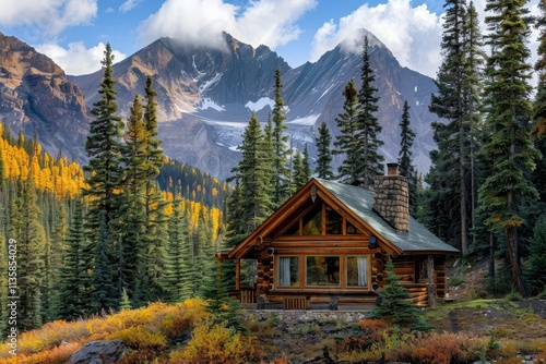 A rustic log cabin sits amongst tall pines in a mountain forest with autumn foliage A cozy cabin nestled in the mountains