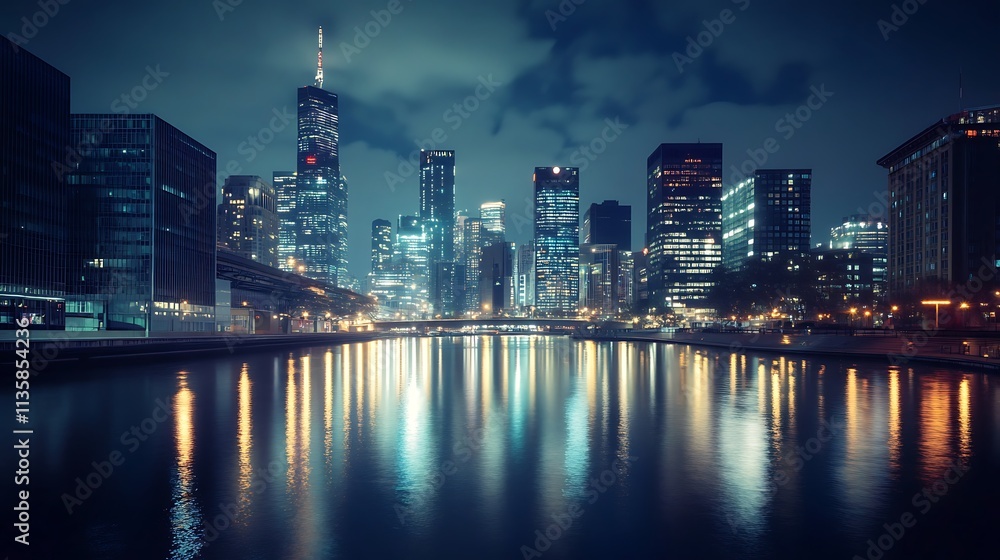 Fototapeta premium Night City Skyline Reflections. Urban Landscape at Dusk.