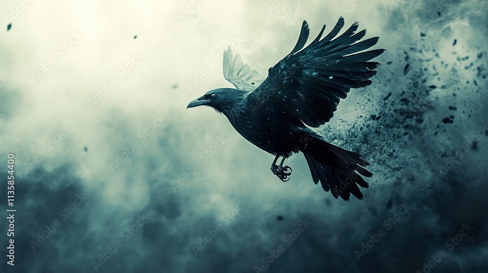 Obraz premium Dark Crow in Flight: Surreal Bird Art