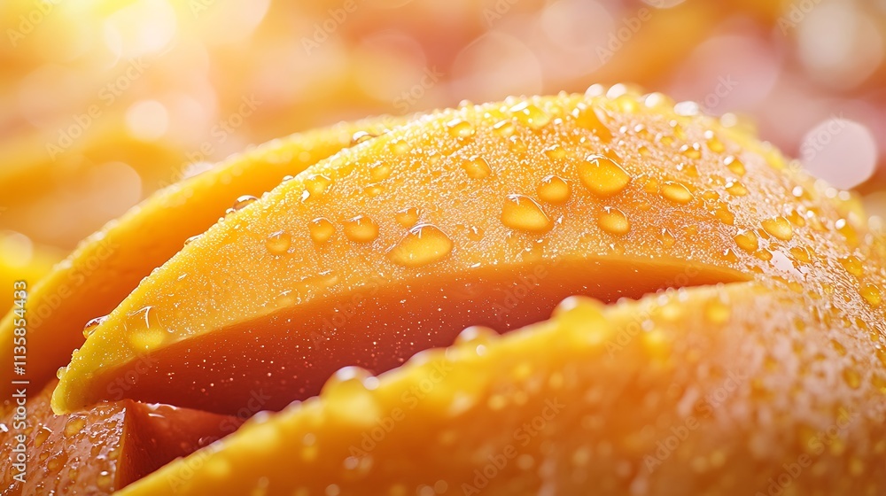 A radiant mango slice with intricate pulp details, glowing under soft backlight, tiny water droplets enhancing its fresh and juicy look, pastel apricot background providing a serene tropical setting, A radiant mango slice with intricate pulp details, glowing under soft backlight, tiny water droplets enhancing its fresh and juicy look, pastel apricot background providing a serene tropical setting,