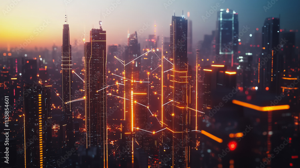 Fototapeta premium Smart digital Innovation city with connection network reciprocity over the cityscape. of future smart wireless digital city and social media networking systems that connects people with in city