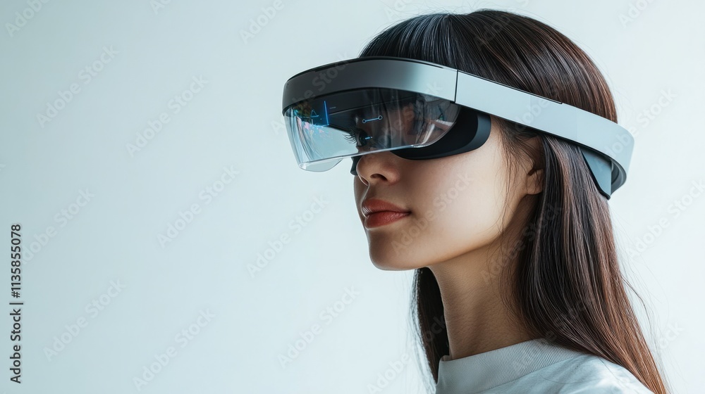 A futuristic woman wearing a slim visor-style AR headset with dynamic holograms, representing advanced technology, on white A futuristic woman wearing a slim visor-style AR headset with dynamic holograms, representing advanced technology, on white