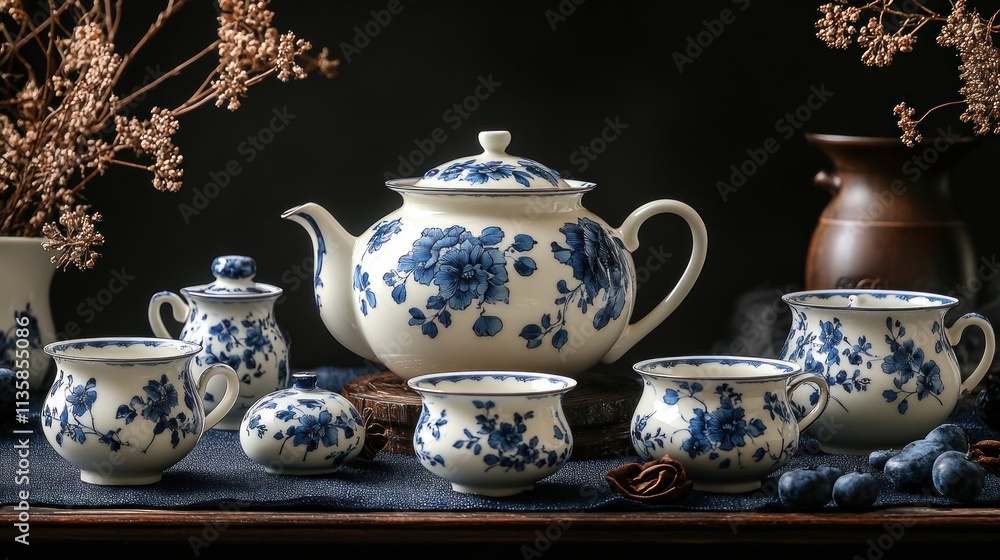 A traditional tea set featuring blue floral designs on white porcelain, arranged elegantly. A traditional tea set featuring blue floral designs on white porcelain, arranged elegantly.