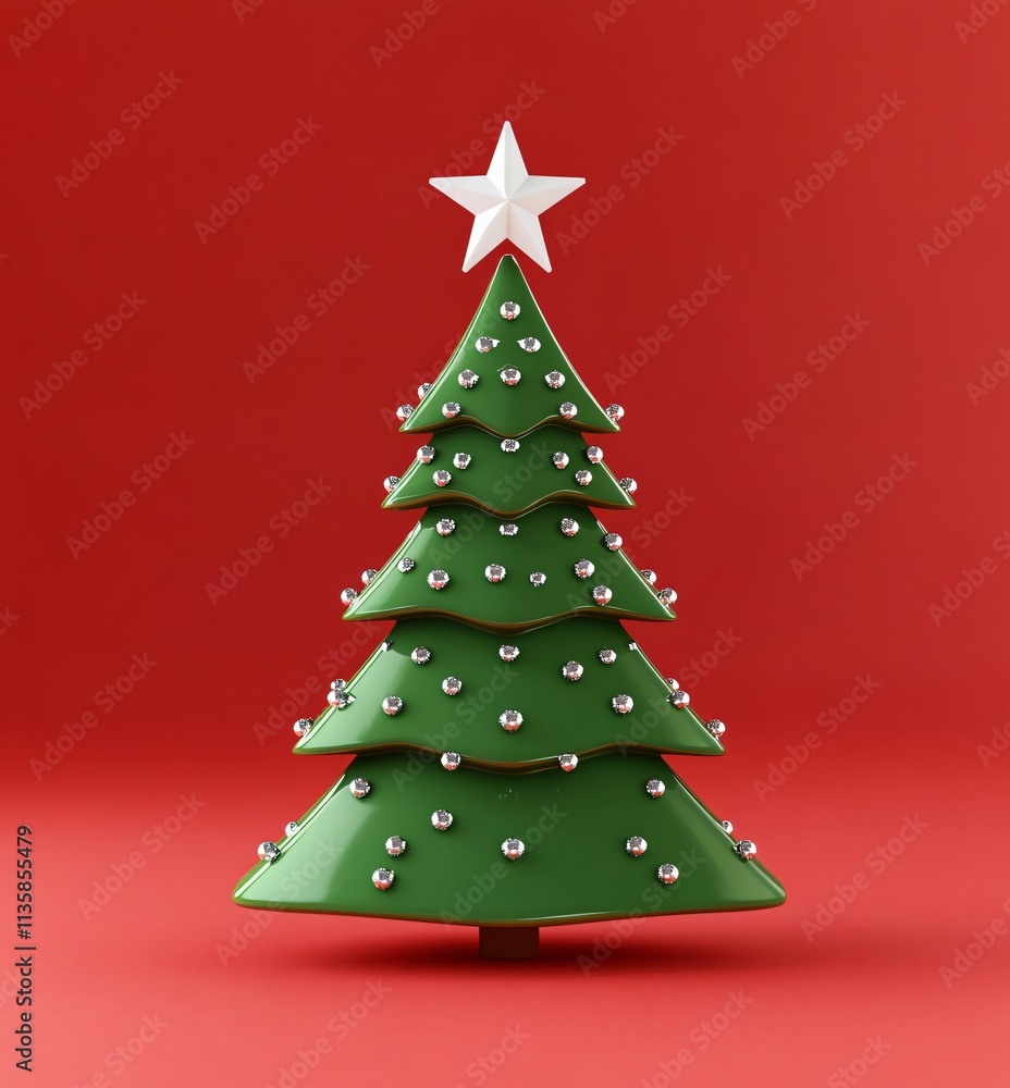 Stylized Green Christmas Tree 3D Render Red Background Stylized Green Christmas Tree 3D Render Red Background