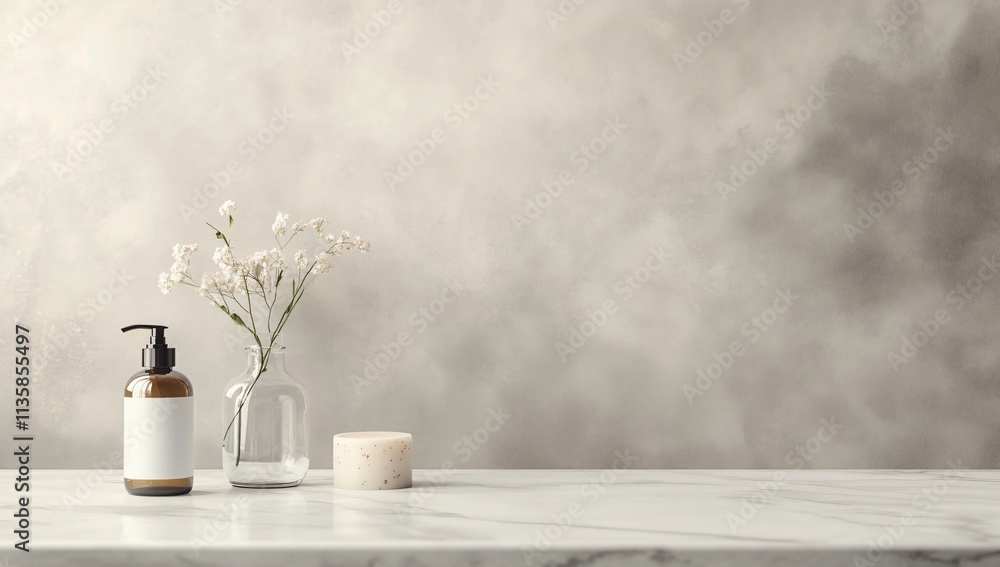 Elegant Minimalist Bathroom Still Life Mockup with Soap Bottle, Candle, and Flowers Elegant Minimalist Bathroom Still Life Mockup with Soap Bottle, Candle, and Flowers