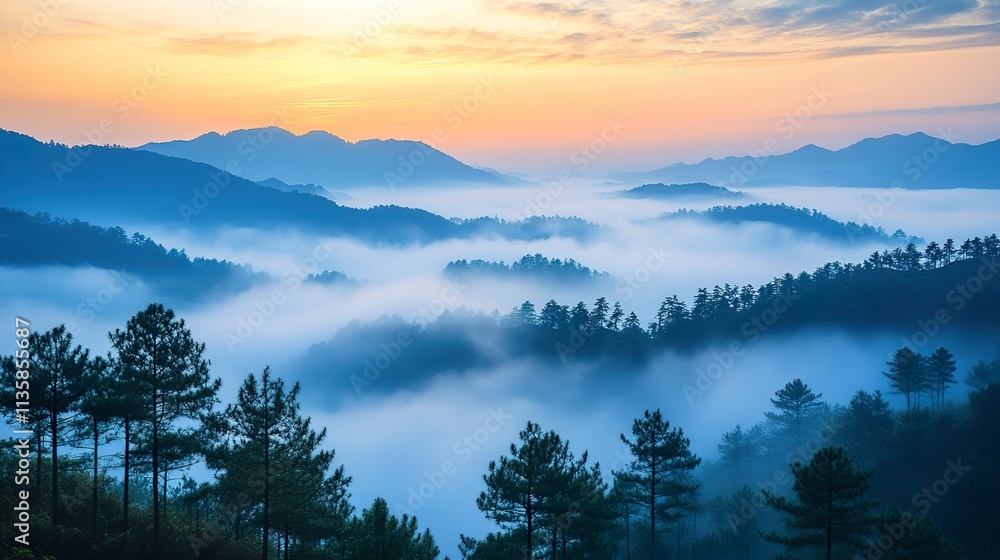 Fototapeta premium Misty Mountain Sunrise Landscape: A Serene View