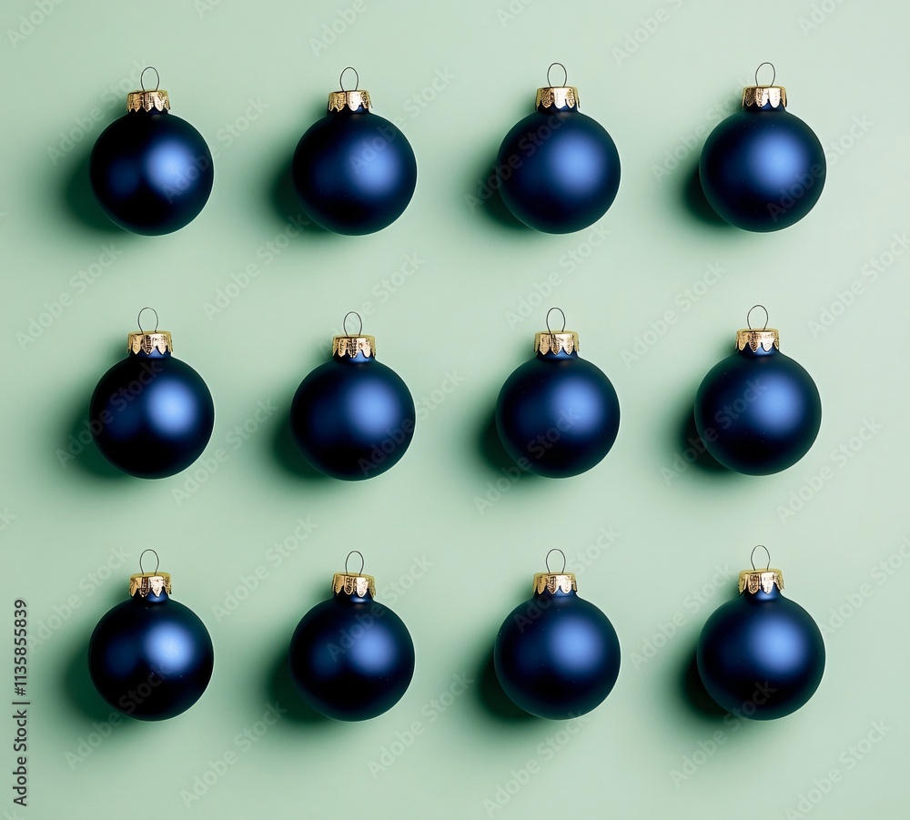 Twelve Dark Blue Christmas Ornaments Green Background Pattern Twelve Dark Blue Christmas Ornaments Green Background Pattern