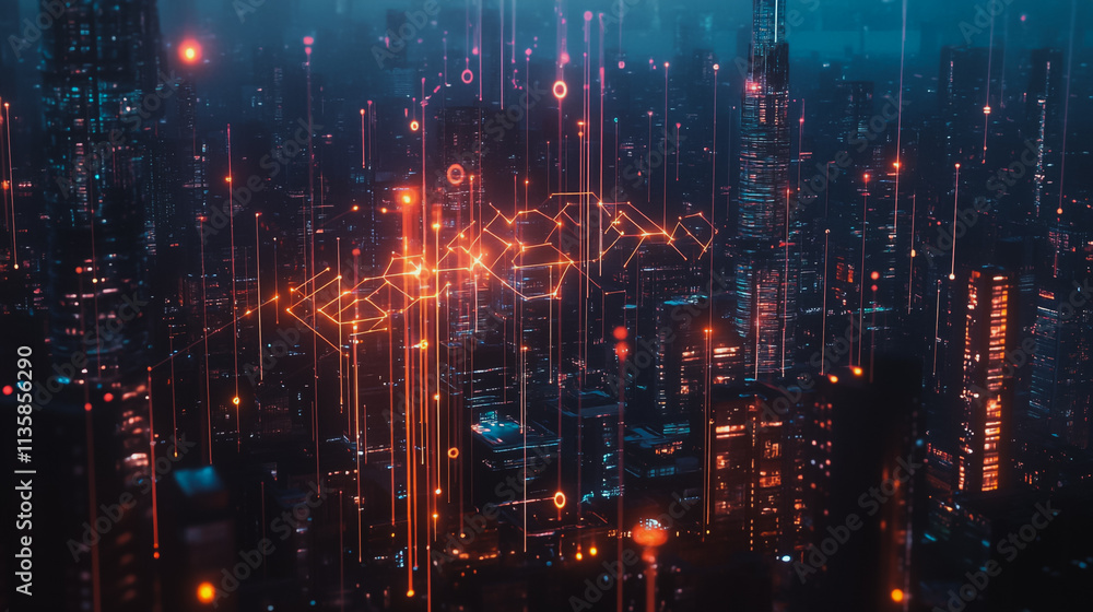 Obraz premium Smart digital Innovation city with connection network reciprocity over the cityscape. of future smart wireless digital city and social media networking systems that connects people with in city
