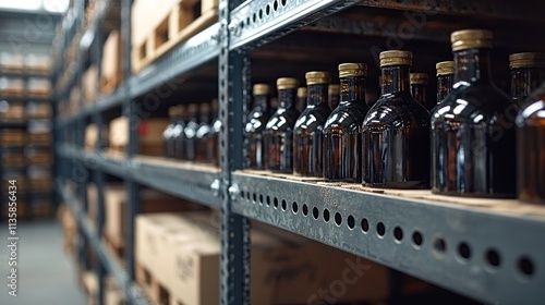 Wallpaper Mural Bottles of Liquid on Metal Shelves in a Warehouse Setting with Boxes in the Background and Soft Focus on Foreground, Depicting Organizational Storage Torontodigital.ca
