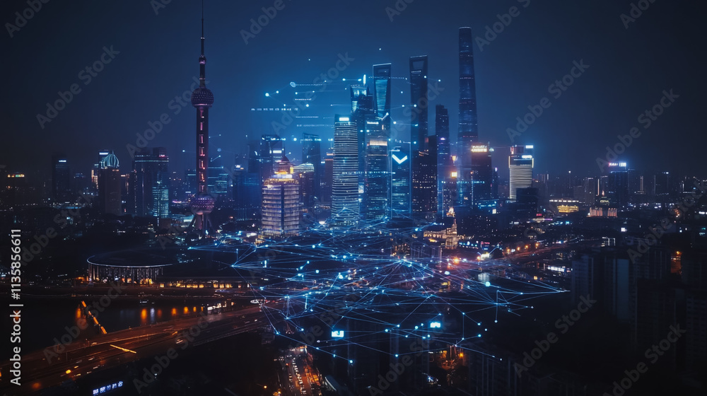 custom made wallpaper toronto digitalSmart digital Innovation city with connection network reciprocity over the cityscape. of future smart wireless digital city and social media networking systems that connects people with in city