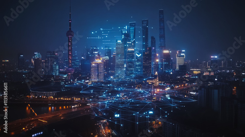 Wallpaper Mural Smart digital Innovation city with connection network reciprocity over the cityscape. of future smart wireless digital city and social media networking systems that connects people with in city Torontodigital.ca