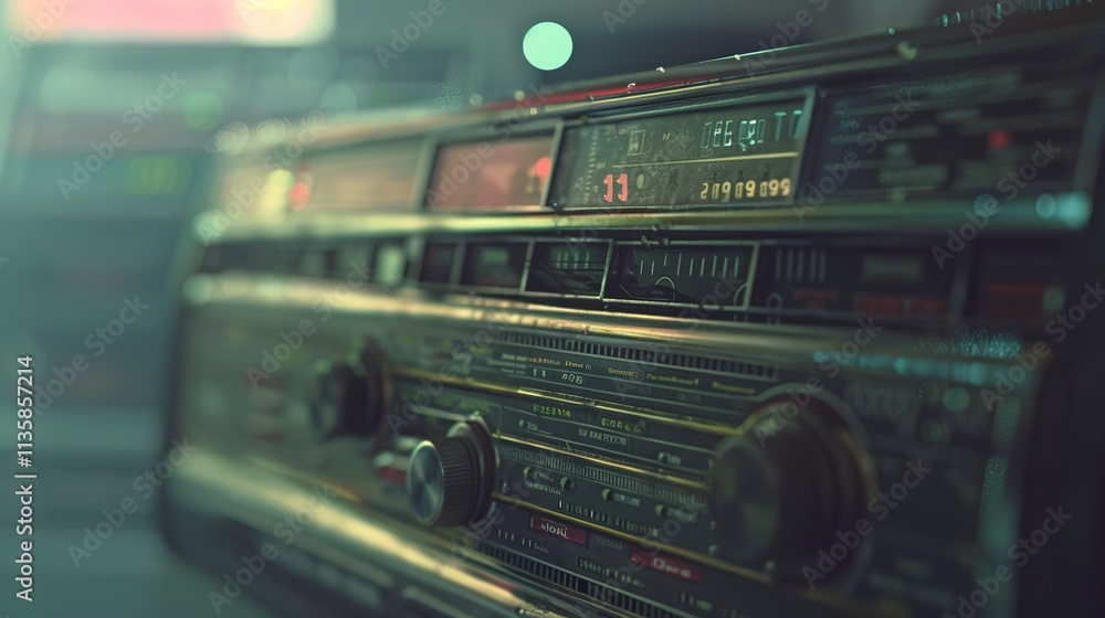 Naklejka premium Close-up of vintage radio emitting static noise, contrasting with modern digital devices, symbolizing the shift from traditional to digital media.