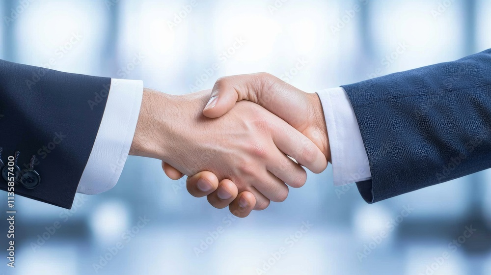 Two business professionals shake hands, symbolizing agreement, partnership, or collaboration in a corporate setting. Two business professionals shake hands, symbolizing agreement, partnership, or collaboration in a corporate setting.