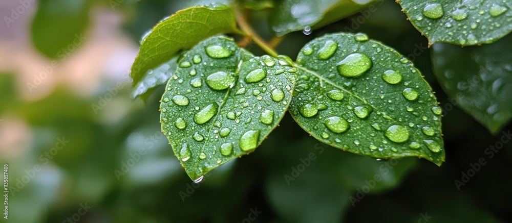 Close up of dew drops on green leaves. Close up of dew drops on green leaves.