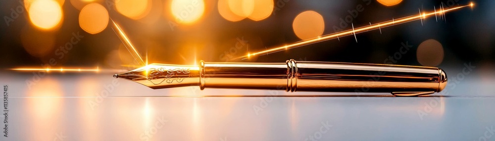 Fototapeta premium A luxurious fountain pen rests elegantly on a surface, illuminated by soft bokeh lights, creating a sophisticated and inspiring atmosphere.
