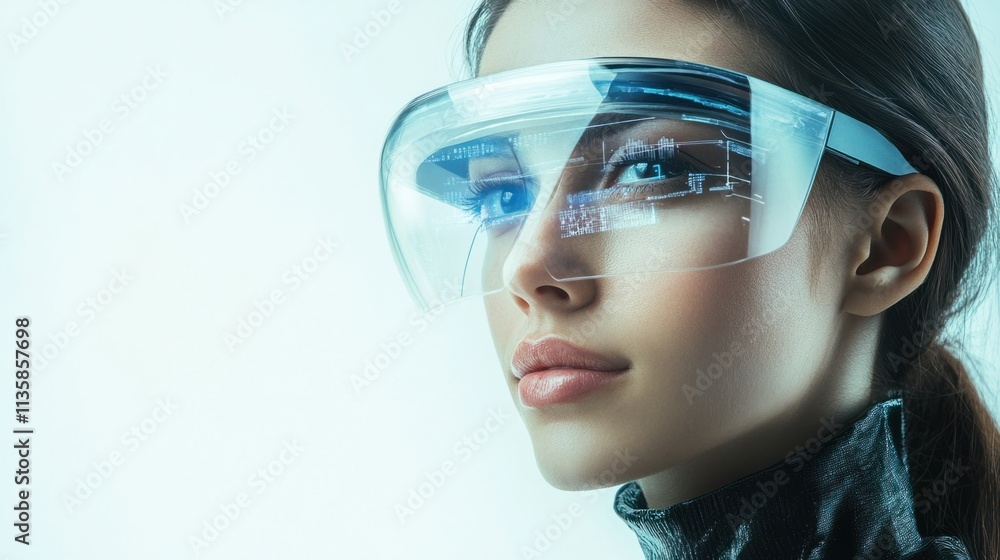 A stylish futuristic woman with a transparent AR headset projecting data and visuals, exuding confidence, on white A stylish futuristic woman with a transparent AR headset projecting data and visuals, exuding confidence, on white