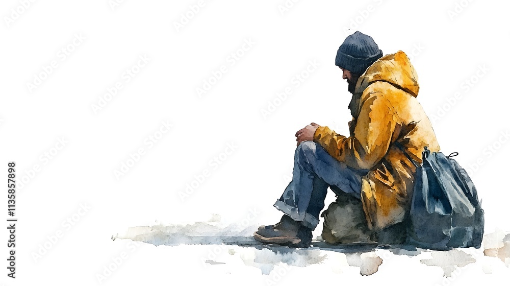 A solitary figure in a yellow coat sits on the ground, embodying themes of loneliness and resilience in a watercolor style with soft colors and subtle shadows. A solitary figure in a yellow coat sits on the ground, embodying themes of loneliness and resilience in a watercolor style with soft colors and subtle shadows.