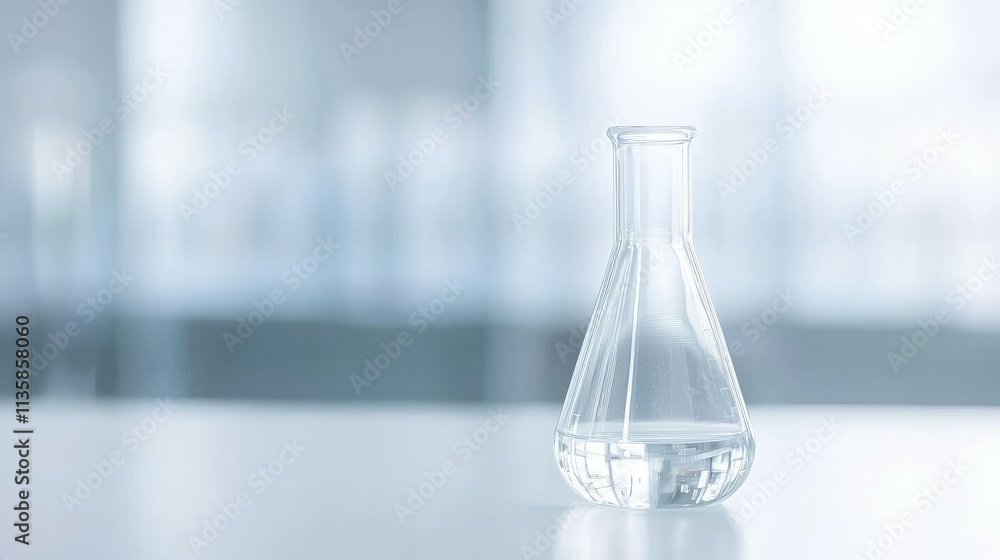 A clear laboratory flask containing liquid, set against a blurred background. A clear laboratory flask containing liquid, set against a blurred background.