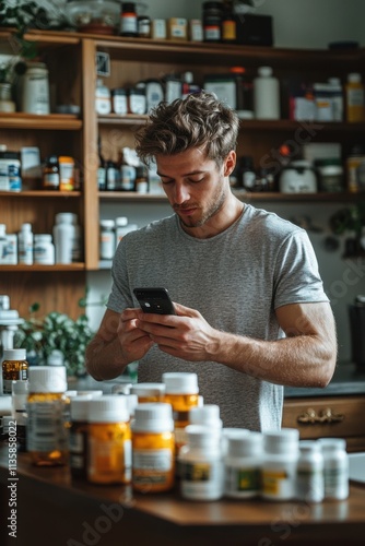 Young man checking his phone among various supplement bottles in a home setting during the afternoon. Generative AI