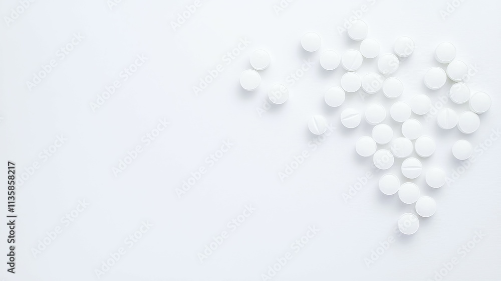 A collection of white tablets scattered on a plain background. A collection of white tablets scattered on a plain background.