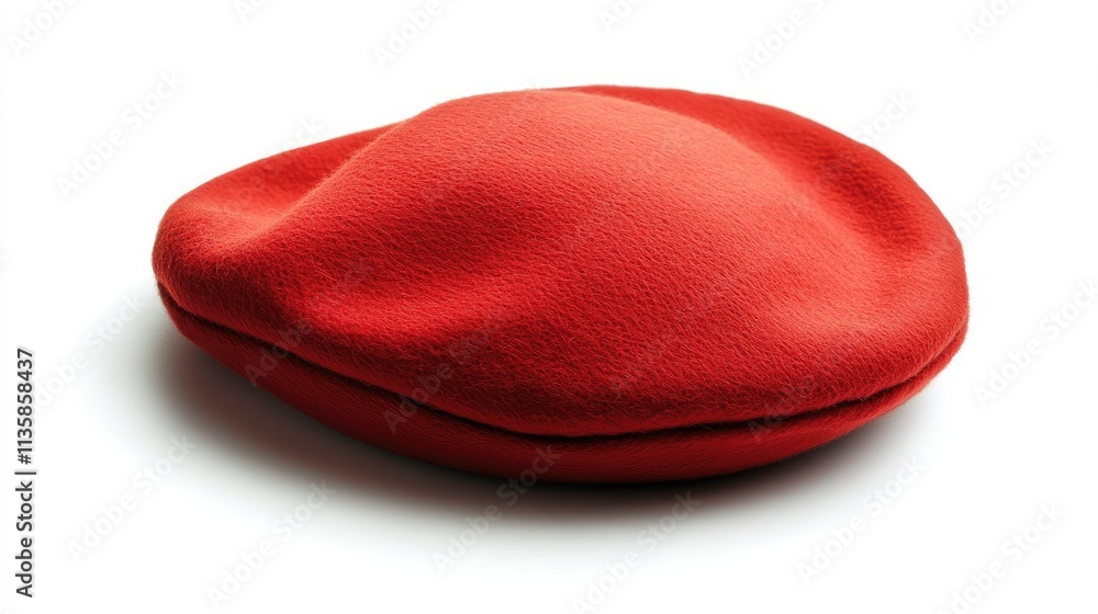 Red Soft Fabric Beret Hat on a White Background, Ideal for Fashion, Costume, or Theater Use, Representing Style and Artistic Expression in Accessories Red Soft Fabric Beret Hat on a White Background, Ideal for Fashion, Costume, or Theater Use, Representing Style and Artistic Expression in Accessories