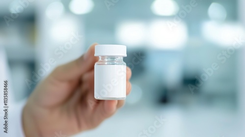 A hand holding a small vial against a blurred background, likely for medical or scientific use.