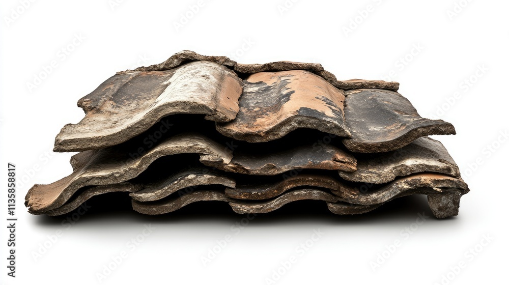 Stack of Old Terracotta Roof Tiles with Weathered Surface, Curved Edges, and Natural Patina, Isolated on White Background for Architectural or Design Concepts Stack of Old Terracotta Roof Tiles with Weathered Surface, Curved Edges, and Natural Patina, Isolated on White Background for Architectural or Design Concepts