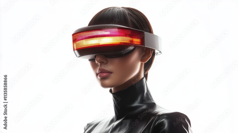 A tech-savvy woman in sleek attire wearing a glowing digital headset with augmented reality effects, isolated on white A tech-savvy woman in sleek attire wearing a glowing digital headset with augmented reality effects, isolated on white