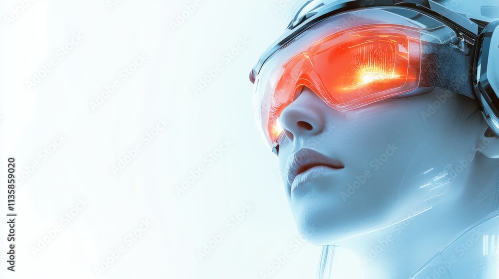A tech-savvy woman wearing a digital headset with glowing lenses, exuding a modern sci-fi vibe, on white A tech-savvy woman wearing a digital headset with glowing lenses, exuding a modern sci-fi vibe, on white
