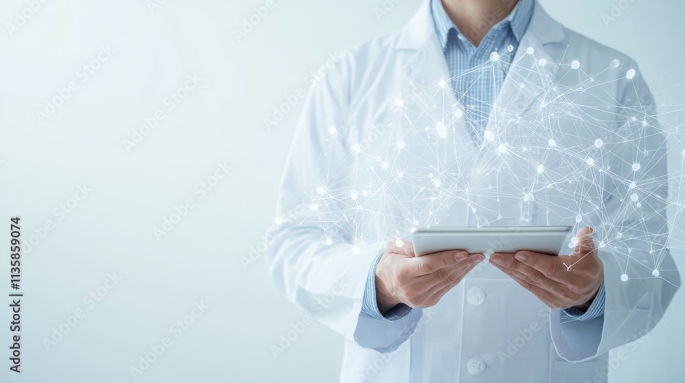 A person in a lab coat holding a tablet with digital connections around them. A person in a lab coat holding a tablet with digital connections around them.