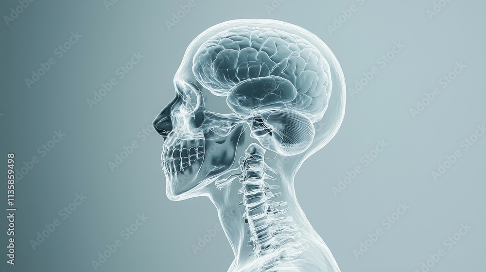 A transparent illustration of a human skull and brain, highlighting anatomical features. A transparent illustration of a human skull and brain, highlighting anatomical features.
