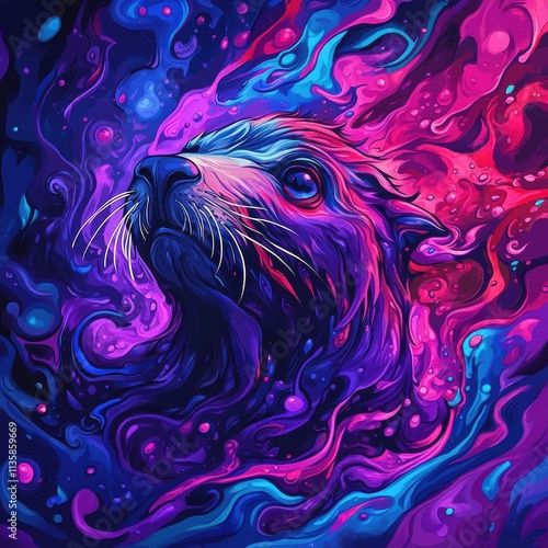 Morphism style sea lion, blending into a vibrant, abstract underwater world with fluid and shape-shifting elements. photo