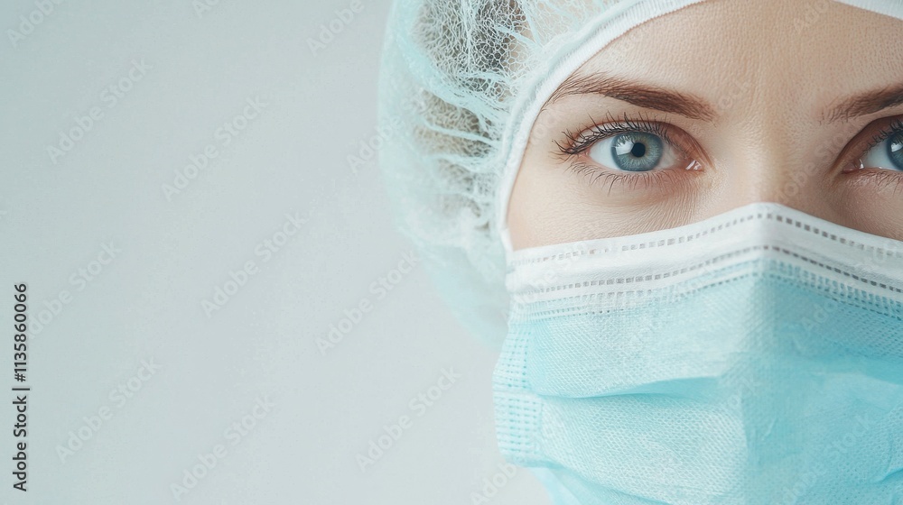 Close-up of a person wearing a surgical mask and cap, emphasizing health and safety. Close-up of a person wearing a surgical mask and cap, emphasizing health and safety.