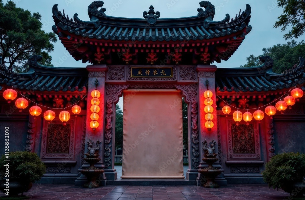 Grand Temple Gate with Festive Lanterns and Custom Scroll Grand Temple Gate with Festive Lanterns and Custom Scroll