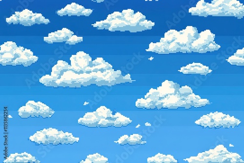 seamless pixelated texture of blue sky with scattered white clouds evoking classic platformer game vibe