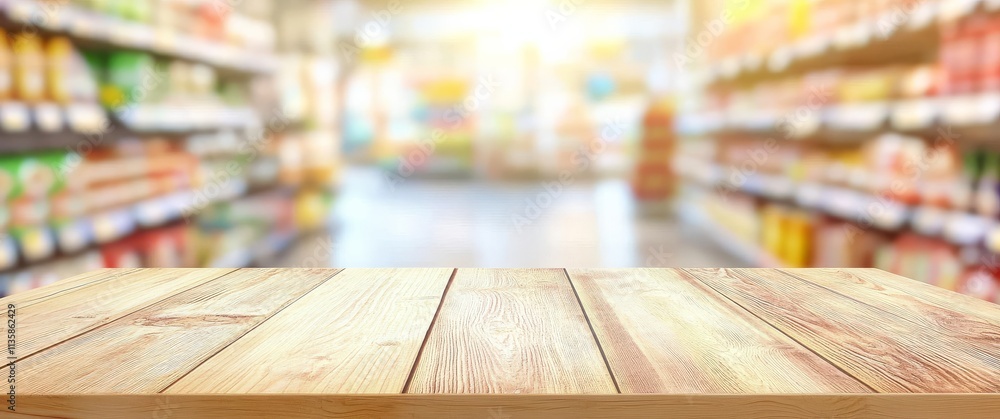 An inviting wood table contrasts with the modern interior of the supermarket. An inviting wood table contrasts with the modern interior of the supermarket.