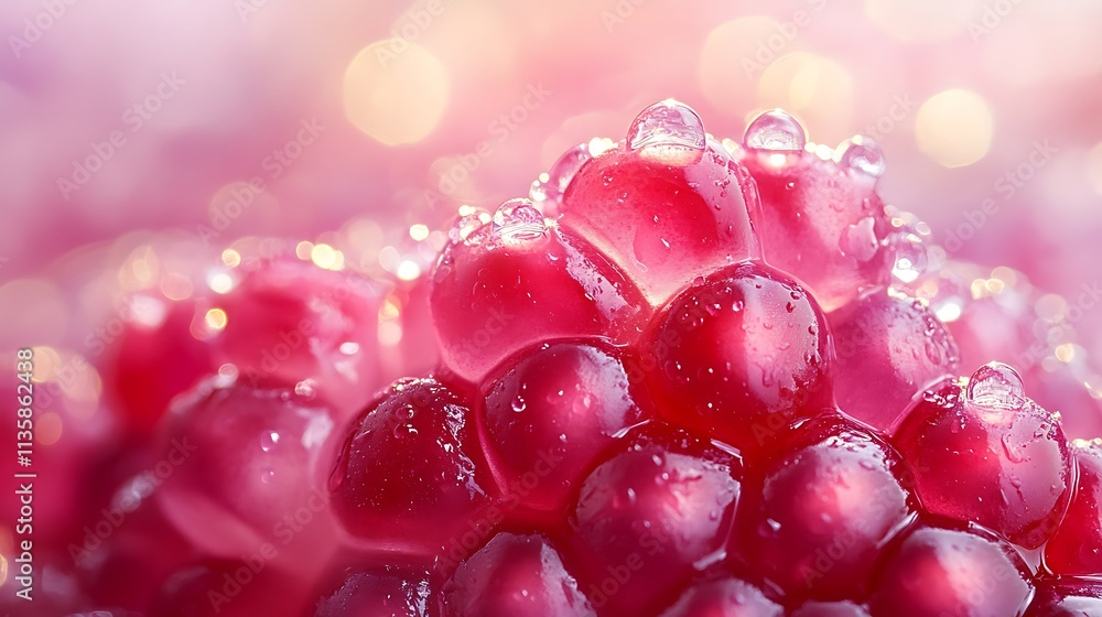 Close-up of a luscious pomegranate seed cluster, ruby-red translucence glowing under soft ambient light, tiny water droplets glistening, pastel lavender background adding softness, Close-up of a luscious pomegranate seed cluster, ruby-red translucence glowing under soft ambient light, tiny water droplets glistening, pastel lavender background adding softness,