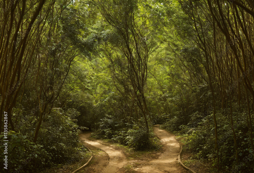 Obraz premium Ornate Product Display on Plain Background with Enchanting Forest Pathway Concept