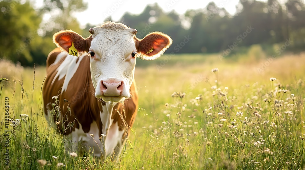 Cute Cow in a Meadow. Farm Animal, Pasture, Countryside. Cute Cow in a Meadow. Farm Animal, Pasture, Countryside.