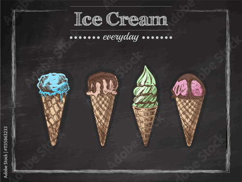 Vintage hand-drawn sketch of ice cream cones or frozen yogurt on chalkboard background