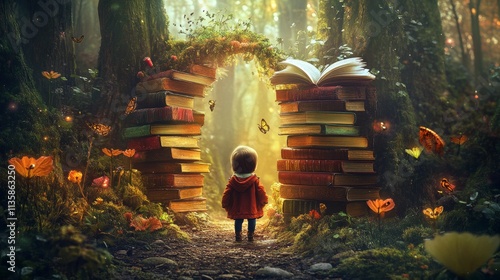 Fantasy world inside of the book. Concept of education imagination and creativity from reading books.