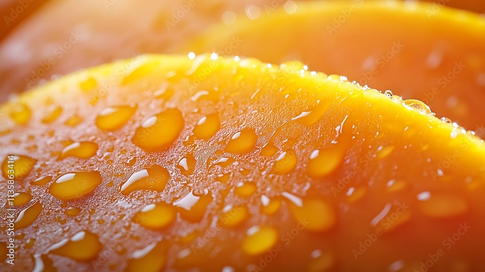 Close-up of a ripe mango slice, intricate juicy textures illuminated by soft diffused light, water droplets enhancing its freshness, pastel apricot background creating a warm tropical aesthetic, Close-up of a ripe mango slice, intricate juicy textures illuminated by soft diffused light, water droplets enhancing its freshness, pastel apricot background creating a warm tropical aesthetic,