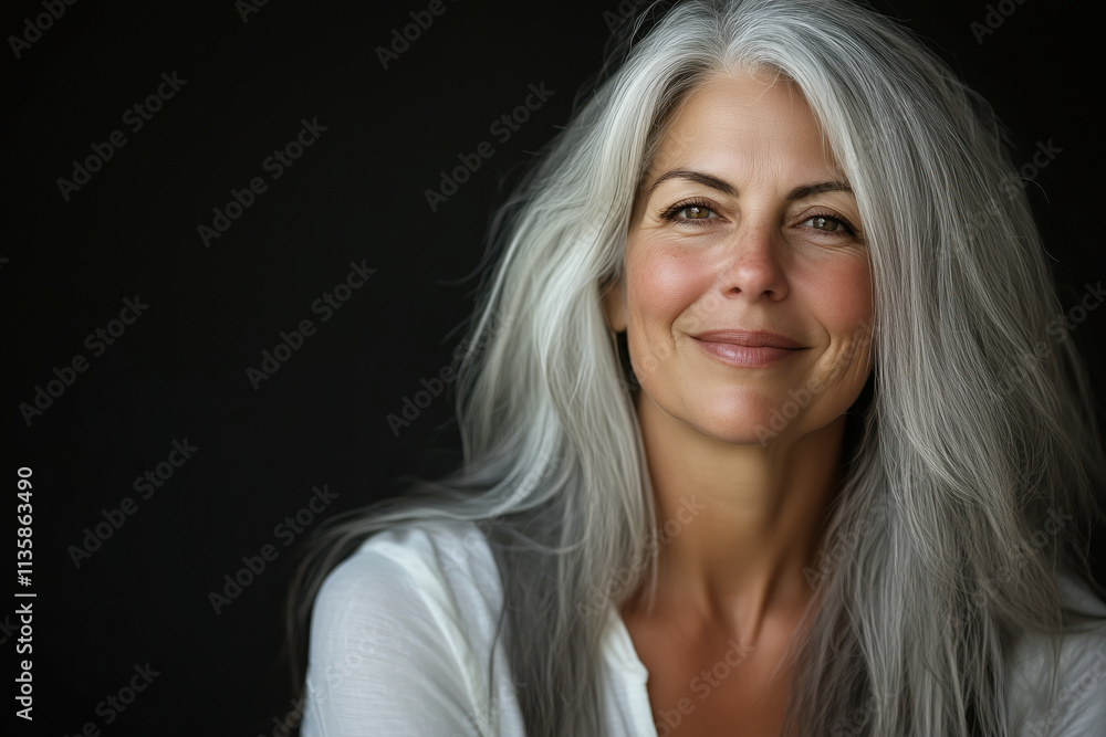 Portrait of a self-assured mature woman with long grey hair and a warm smile. She embodies confidence, wisdom, and natural beauty, creating a serene and empowering atmosphere. Portrait of a self-assured mature woman with long grey hair and a warm smile. She embodies confidence, wisdom, and natural beauty, creating a serene and empowering atmosphere.