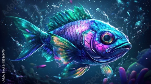 Vibrant, iridescent fish swimming in a mystical underwater world, with splashes and coral.