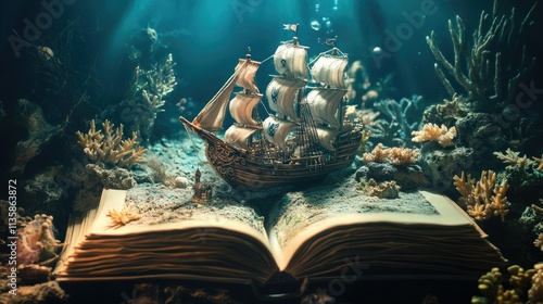 Majestic Ship Sailing Through Underwater World, Surrounded by Coral and Marine Life on an Open Book in an Enchanting Fantasy Setting