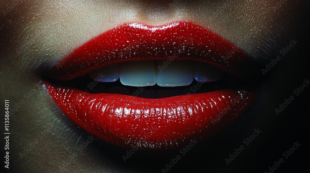 Obraz premium Close-up of shiny red lips with glossy texture on a dark background