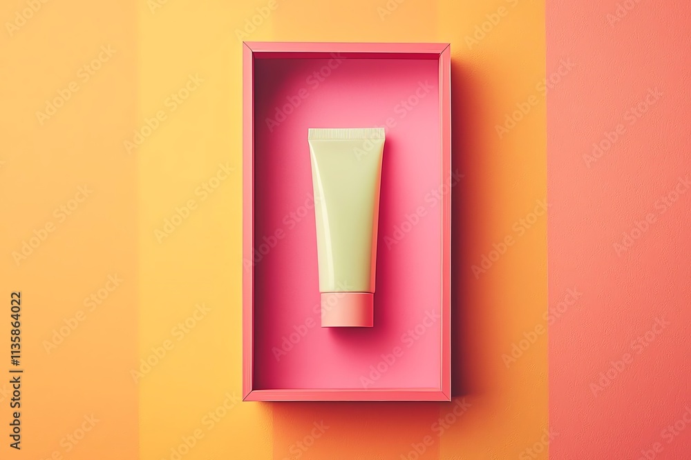 A stylish cosmetic tube displayed in a vibrant pink and orange setting. A stylish cosmetic tube displayed in a vibrant pink and orange setting.