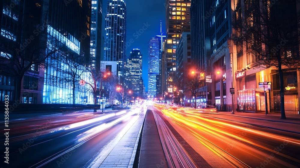 Naklejka premium Night Cityscape, Urban Street at Night with Light Trails. Concept of urban life, modern city, and fast paced lifestyle.