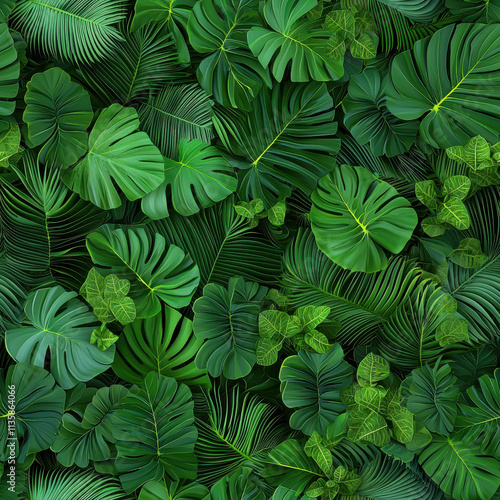 Lush green tropical leaves create vibrant and seamless pattern, perfect for nature inspired designs. This rich foliage evokes sense of tranquility and freshness