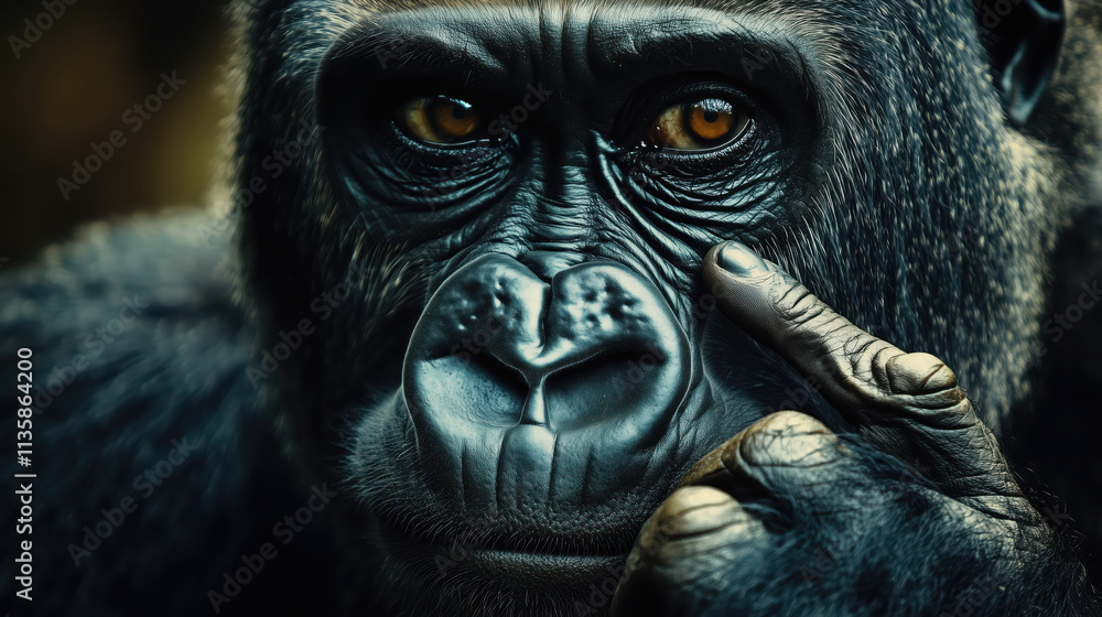 Obraz premium A gorilla is looking at the camera with its hand on its face. Concept of curiosity and intelligence, as the gorilla seems to be trying to communicate with the viewer